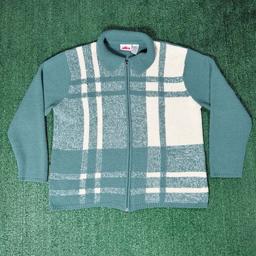 Women’s Alia Vintage Green Plaid Zip Up Knit Collared Sweater Medium